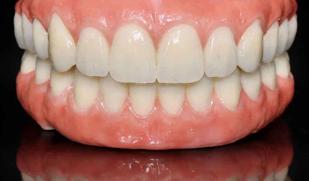 Complete upper and lower All-on-X zirconia prosthetics with detailed gingival characterization on a black reflective surface