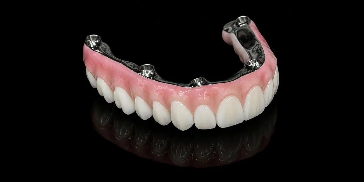 Full-arch zirconia prosthesis on a polished titanium bar with screw access cylinders, on a black reflective surface