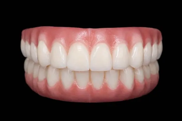 Upper and lower All-on-X full-arch prosthetics in occlusion, front view on a black background