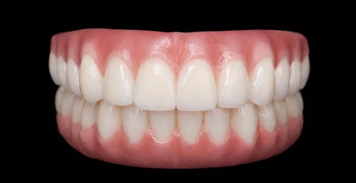 Upper and lower All-on-X full-arch prosthetics in occlusion, front view on a black background