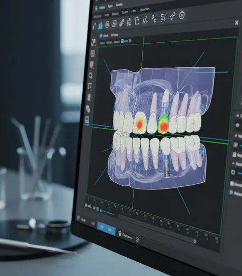 A high-detail, close-up shot of a dental CAD software interface in a dark laboratory setting. The screen displays a professional 3D full-arch digital wax-up with visible mesh geometry, implant positions, and heat-map occlusion points. The composition uses an angled perspective with cool-toned studio lighting and a shallow depth of field, highlighting the precision of the digital prosthetic design.
