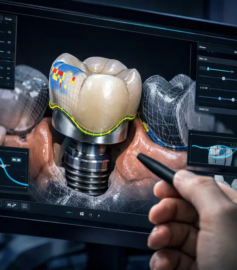 Dental CAD software showing implant-supported crown design in progress with technician review.