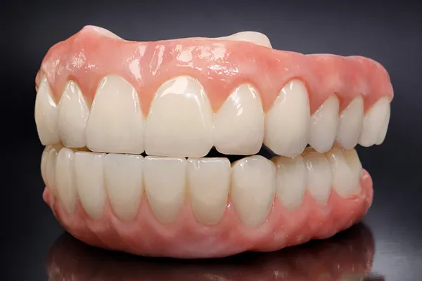 Multi-unit zirconia bridge with hand-finished surface characterization, photographed on a black reflective surface under studio lighting