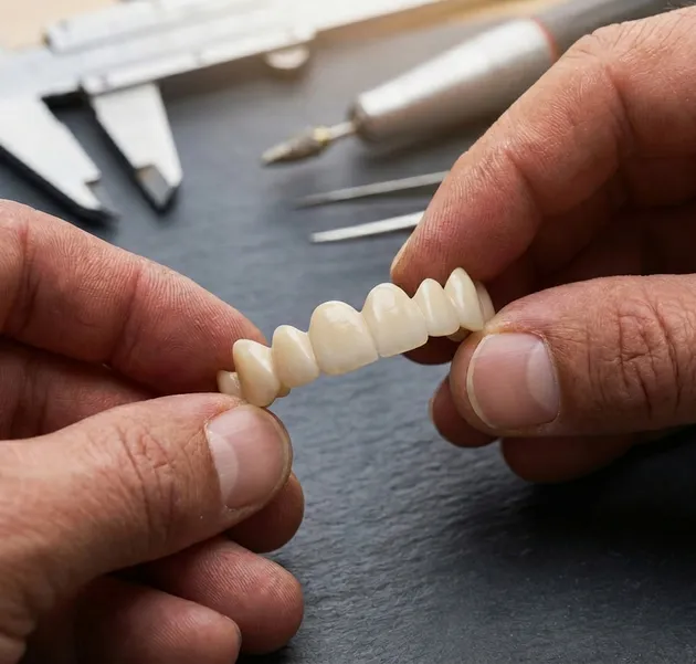 Technician hands inspecting a dental prosthetic with precision tools in the studio
